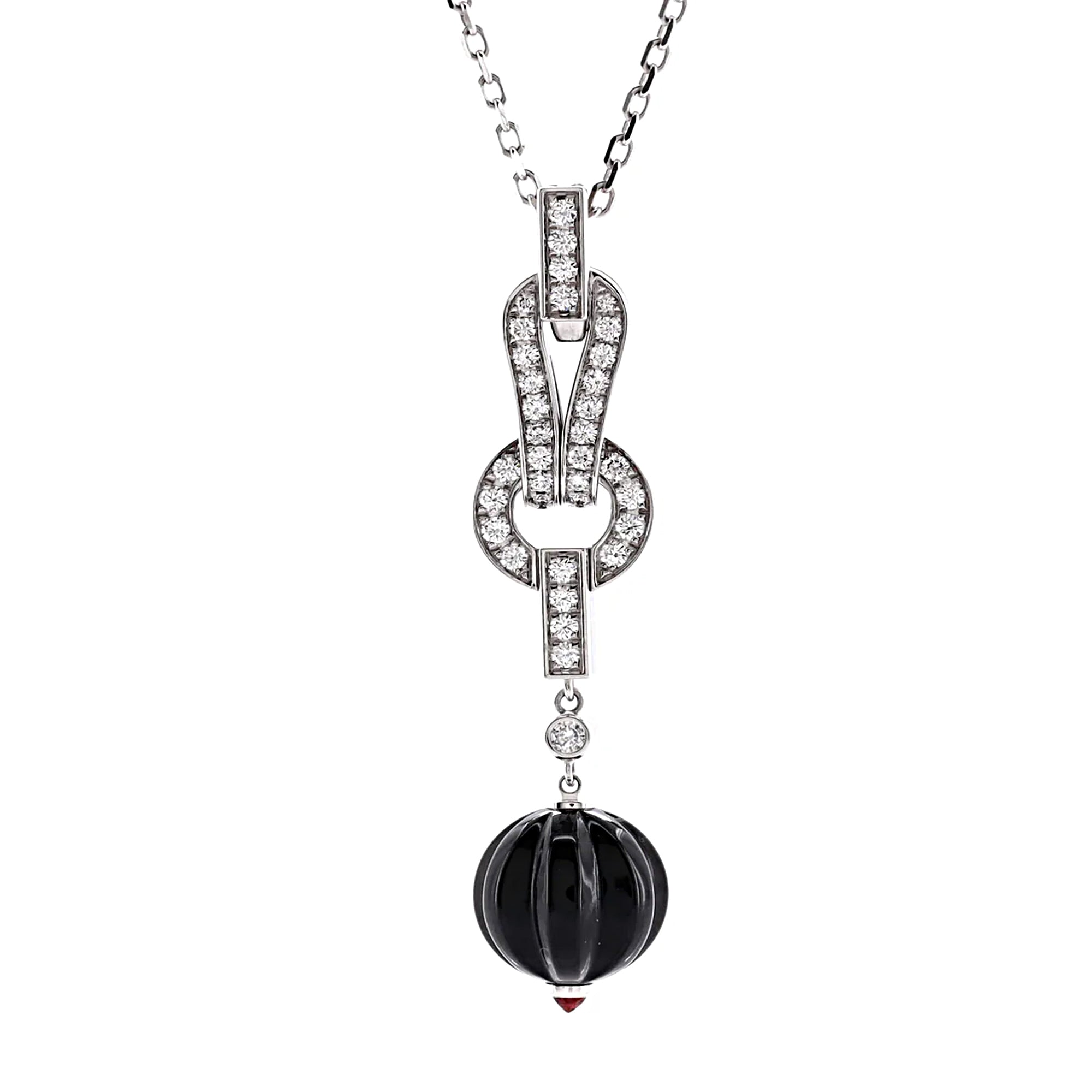 Cartier Agrafe Onyx Diamond Pendant 18k White Gold Necklace Opulent Jewelers