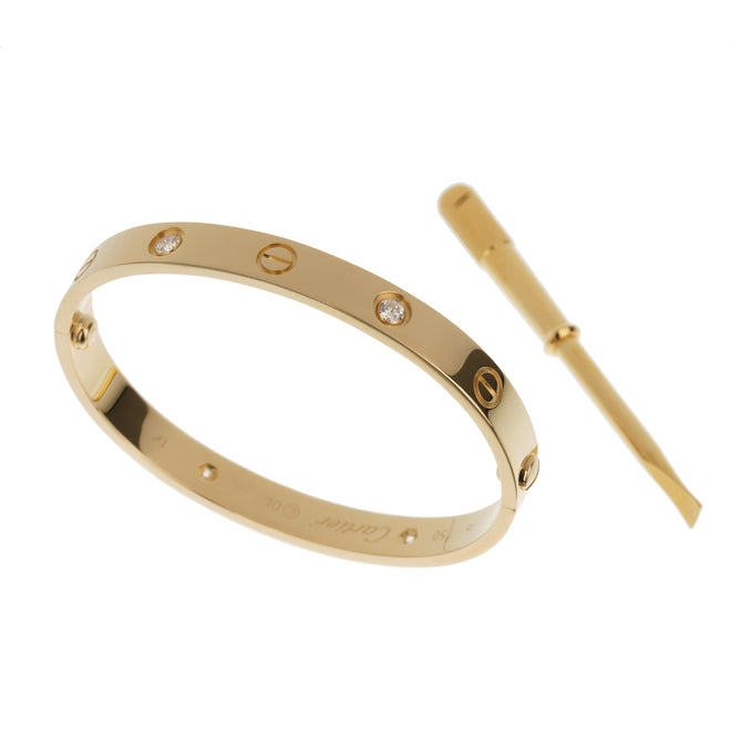 Cartier 4 Diamond 18k Yellow Gold Love Classic Bangle Bracelet Sz 16 0003646