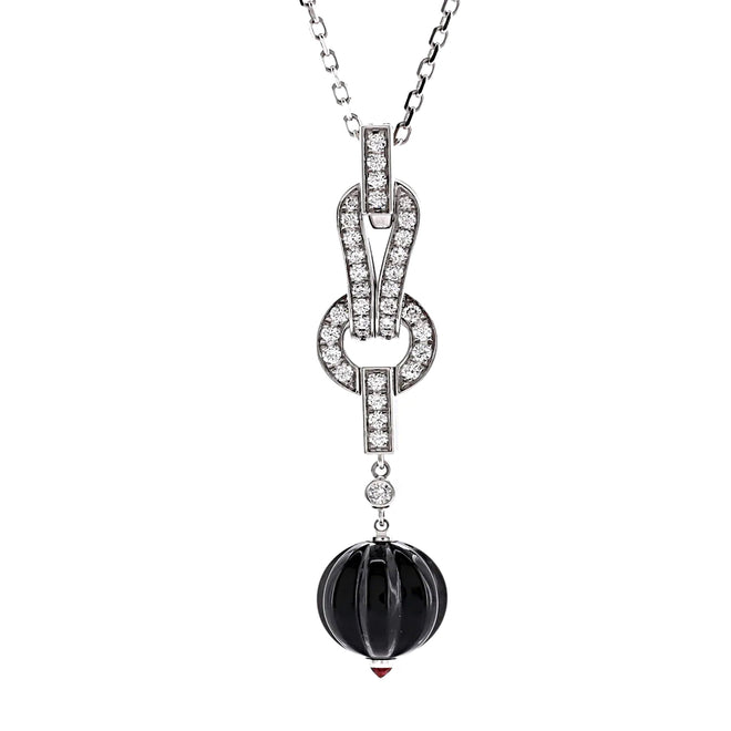 Cartier Agrafe Onyx Diamond Pendant 18k White Gold Necklace 0003515