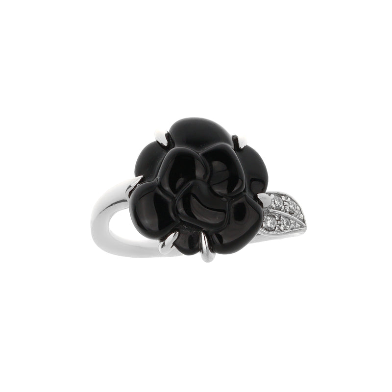 Chanel Camellia Onyx Diamond 18k White Gold Cocktail Ring