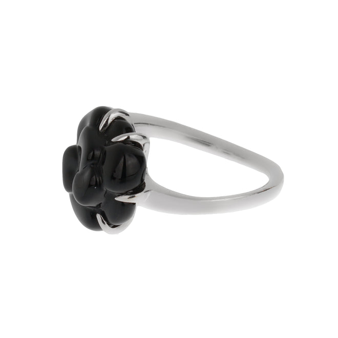 Chanel Camellia Onyx Diamond 18k White Gold Cocktail Ring