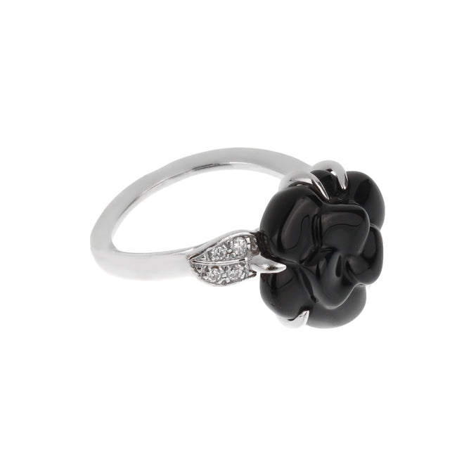 Chanel Camellia Onyx Diamond 18k White Gold Cocktail Ring