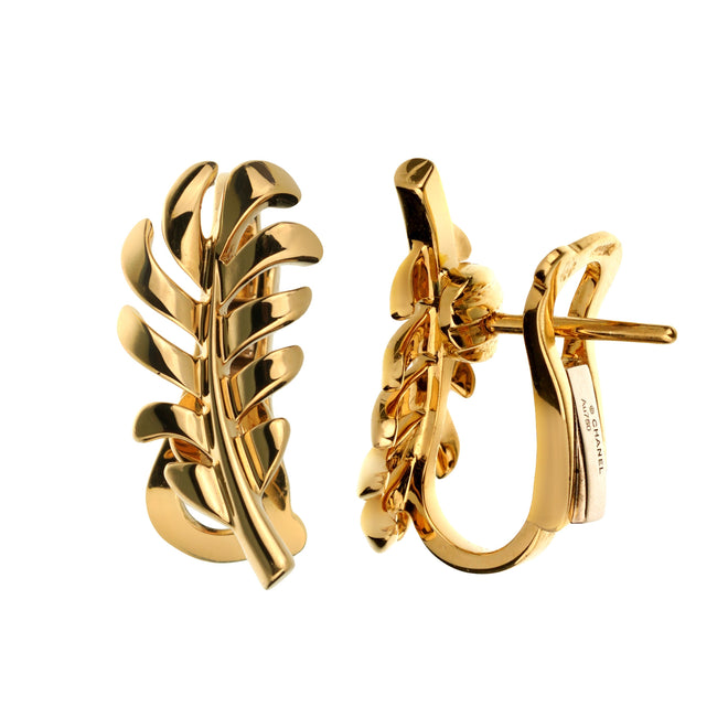 Chanel Plume Feather 18k Yellow Gold Earrings 0003593