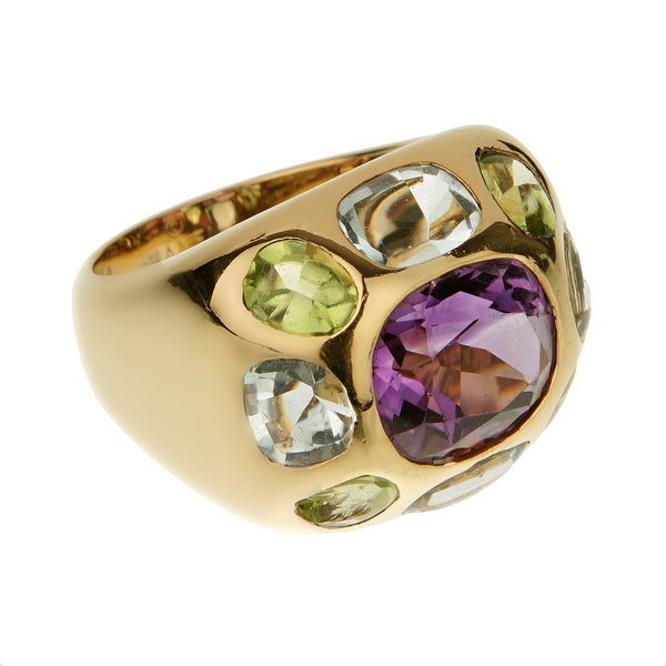 Chanel Vintage 18k Yellow Gold Amethyst Peridot Topaz Cocktail Ring