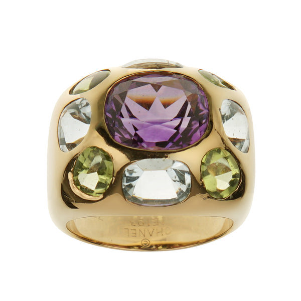 Chanel Vintage 18k Yellow Gold Amethyst Peridot Topaz Cocktail Ring