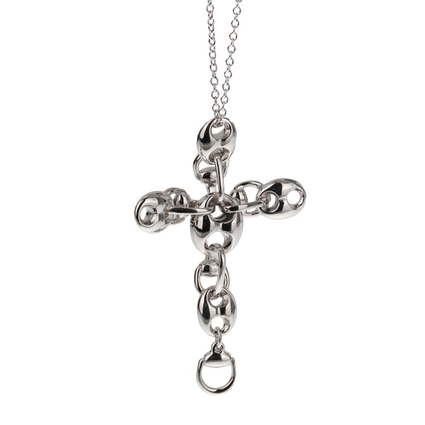 Gucci Vintage 18k White Gold Cross Marine Link Pendant Necklace