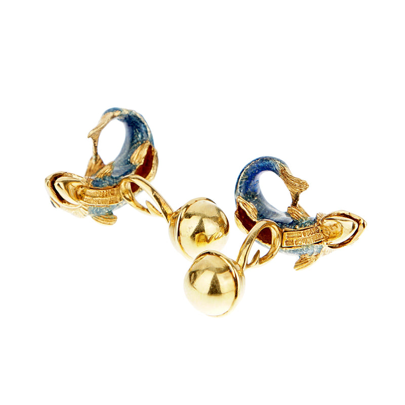 Tiffany & Co. Sapphire Enamel 18k Yellow Gold Fish Vintage Cufflinks 0003612