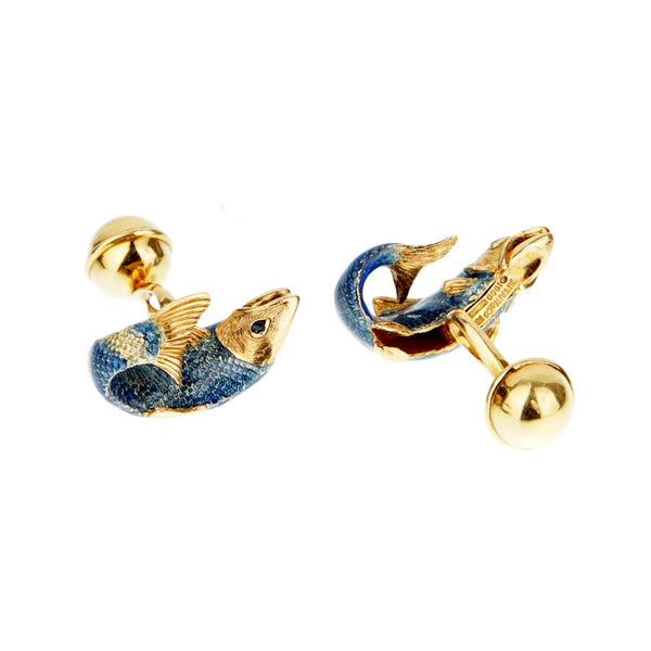 Tiffany & Co. Sapphire Enamel 18k Yellow Gold Fish Vintage Cufflinks 0003612