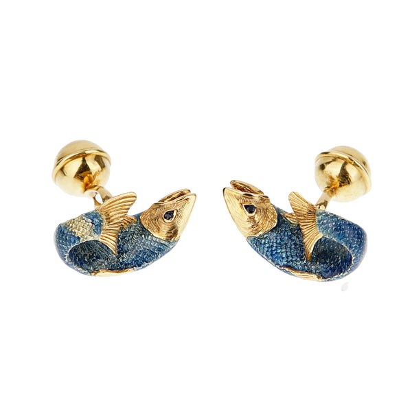 Tiffany & Co. Sapphire Enamel 18k Yellow Gold Fish Vintage Cufflinks 0003612