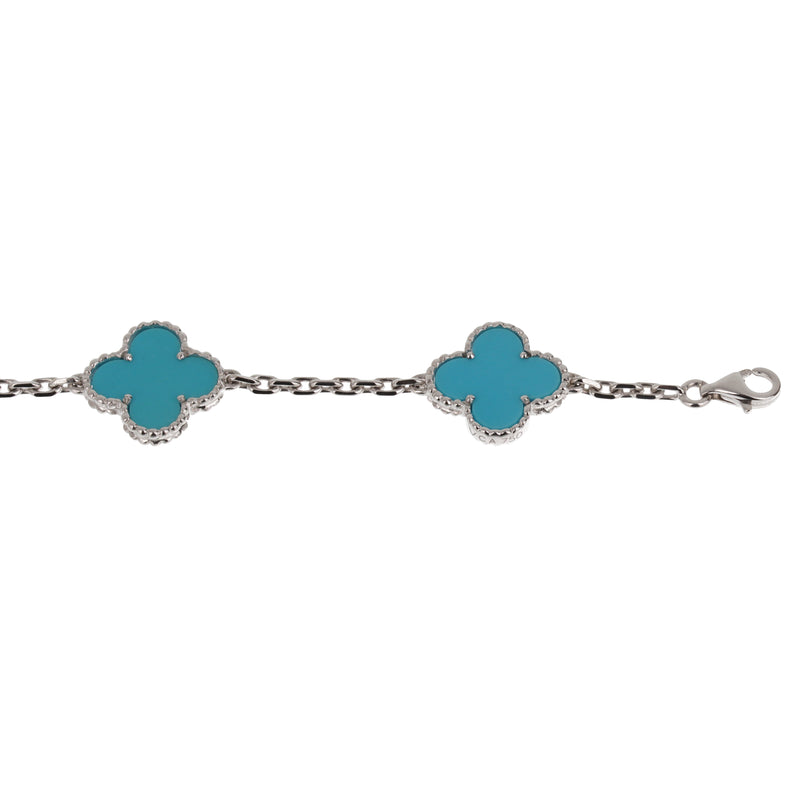 Van Cleef & Arpels Turquoise 5 Motif Vintage Alhambra 18k White Gold Bracelet 0003650