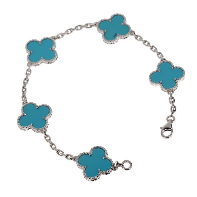 Van Cleef & Arpels Turquoise 5 Motif Vintage Alhambra 18k White Gold Bracelet 0003650