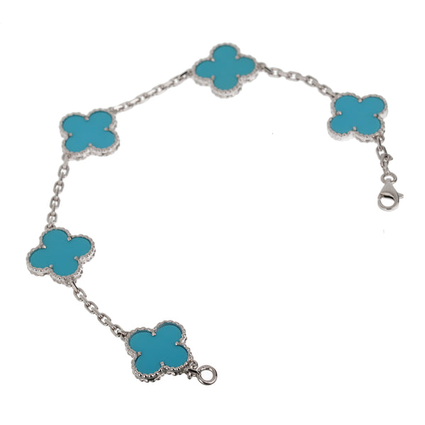 Van Cleef & Arpels Turquoise 5 Motif Vintage Alhambra 18k White Gold Bracelet 0003650