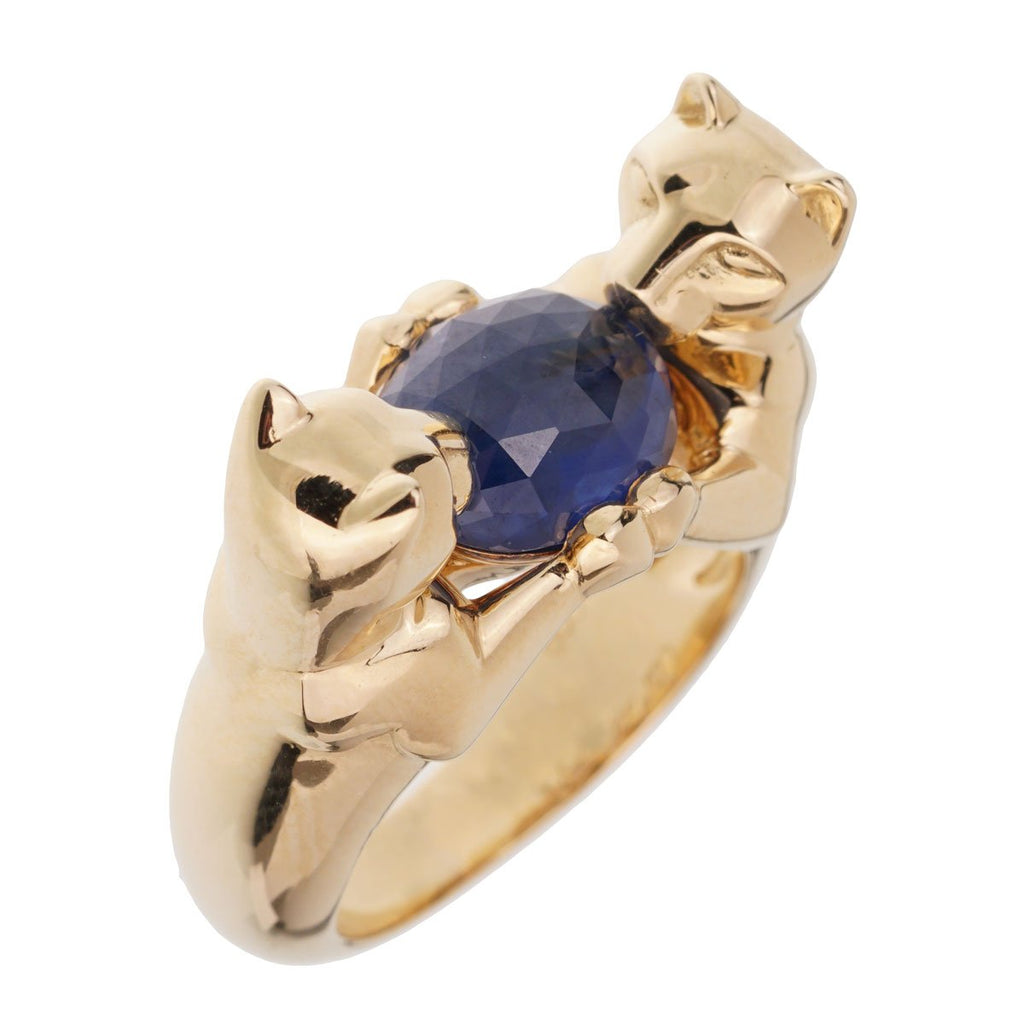 Cartier Double Panthere Sapphire Yellow Gold Ring Sz 6 1/4 